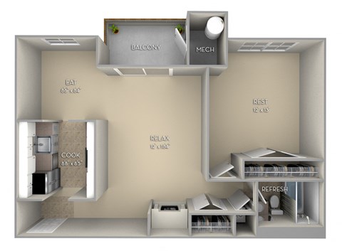 Floor plan for 1 bed, 1 bath, 689 sqft